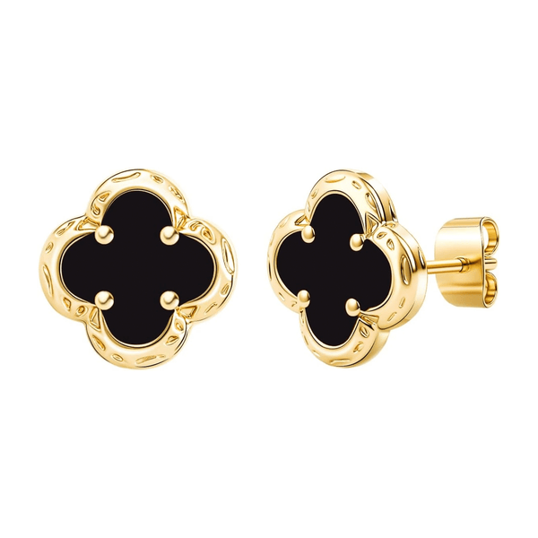 Black Onyx Clover Stud Earrings for Women – 14K Gold Plated Four-Leaf Flower Earrings - KARMARKA