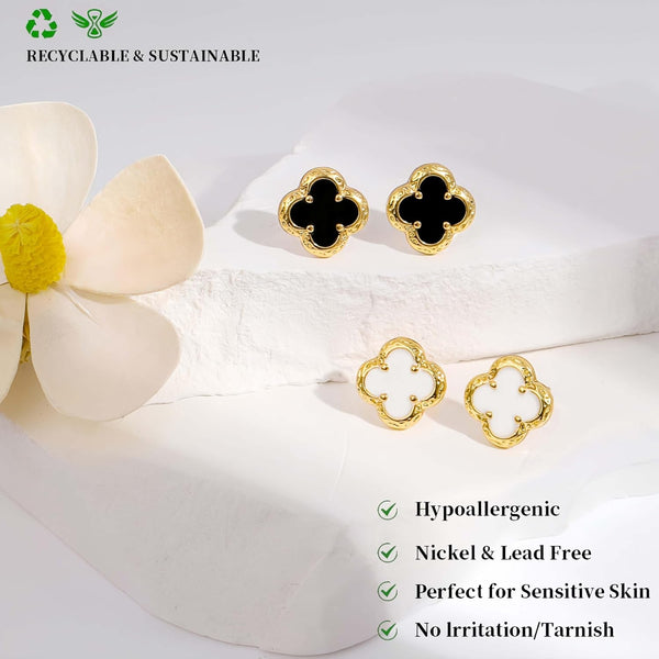 Black Onyx Clover Stud Earrings for Women – 14K Gold Plated Four-Leaf Flower Earrings - KARMARKA