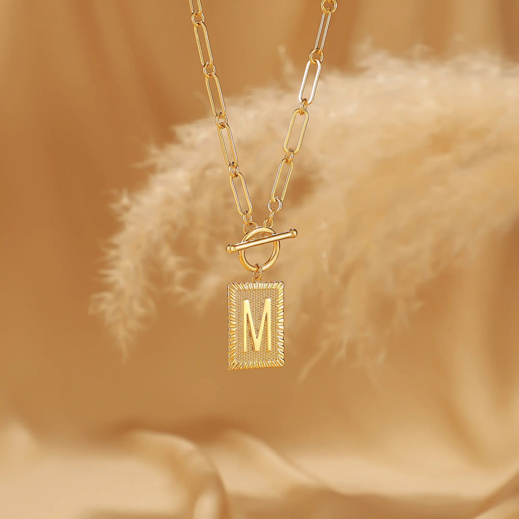 Tewiky 14K Gold Plated Neclace for Women Initial Necklaces for Women, Toggle Clasp Square Letter Pendant Necklace Trendy Dainty Paperclip Chain Necklaces Jewelry Gifts, Gift