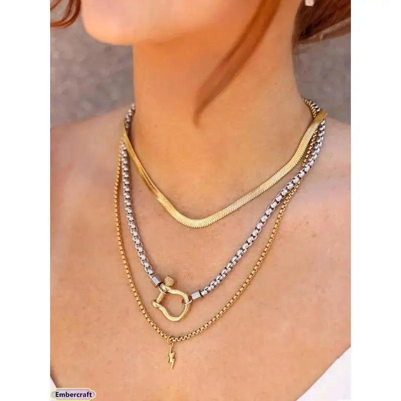 Dual-Color Layered Gold Steel Chunky Chain Necklace - Unisex Gold Aesthetic Chain Jewelry Necklaces, Waterproof, Non-Tarnish, Oxidation and Color Fading Resistant, Chunky Clasp, Daily Wear Costume Jewelry, Chunky Gold Tone Necklaces,Sohochic