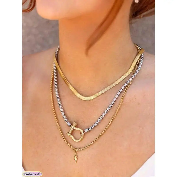 Dual-Color Layered Gold Steel Chunky Chain Necklace - Unisex Gold Aesthetic Chain Jewelry Necklaces, Waterproof, Non-Tarnish, Oxidation and Color Fading Resistant, Chunky Clasp, Daily Wear Costume Jewelry, Chunky Gold Tone Necklaces,Sohochic