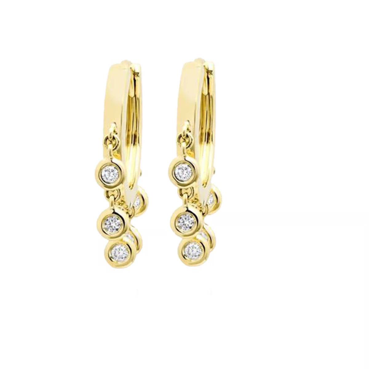 14K Yellow Gold Huggie Earrings, Natural Diamond Drop Hoops