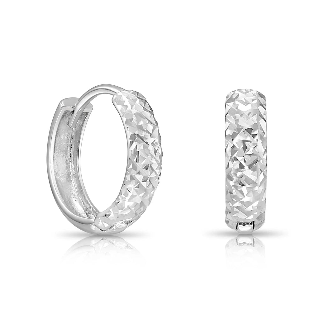 Solid 14K Gold Huggie Hoop Earrings, Hand Engraved Diamond-Cut Design, Available in 14K Yellow or White Gold, Size 12Mm, by TILO Jewelry