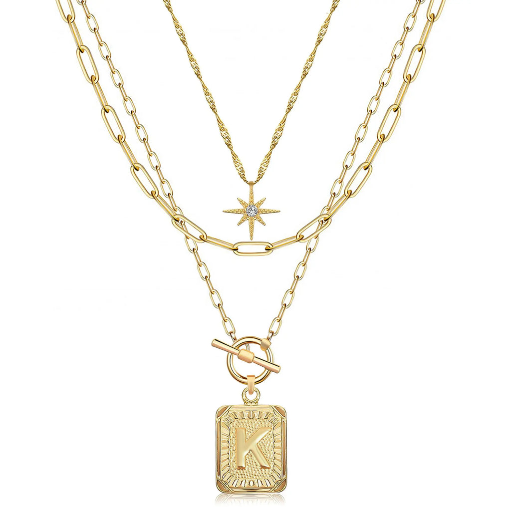 14K Gold Plated Layered Initial Necklaces for Women Trendy, Simple Cross Choker Square Letter Pendant Necklace, Paperclip Chain Necklaces Jewelry