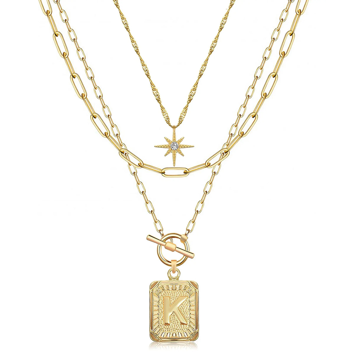 14K Gold Plated Layered Initial Necklaces for Women Trendy, Simple Cross Choker Square Letter Pendant Necklace, Paperclip Chain Necklaces Jewelry