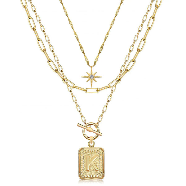 14K Gold Plated Layered Initial Necklaces for Women Trendy, Simple Cross Choker Square Letter Pendant Necklace, Paperclip Chain Necklaces Jewelry