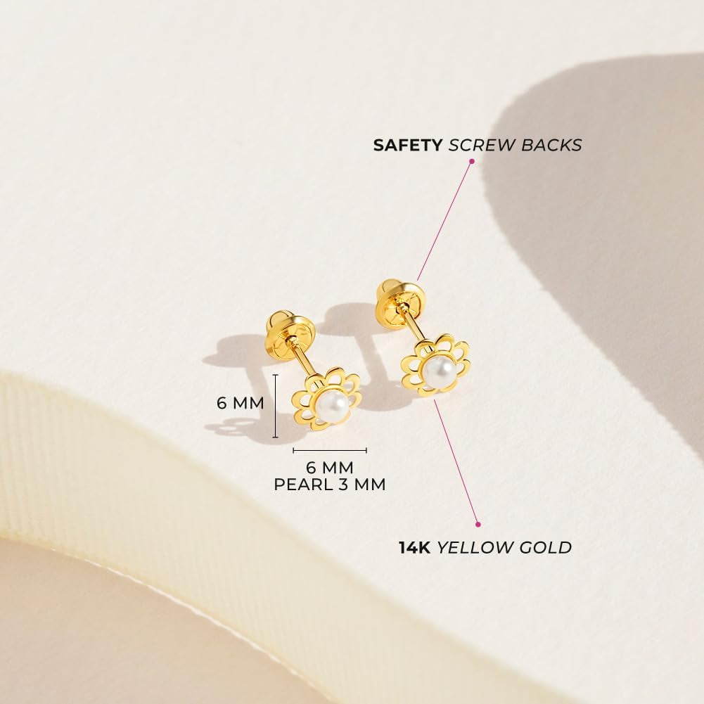 14K Yellow Gold Flower Cultured Pearl Kids Earrings