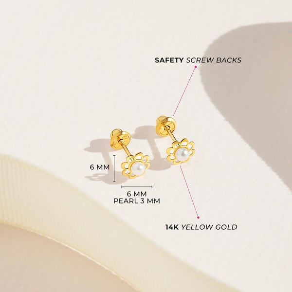 14K Yellow Gold Flower Cultured Pearl Kids Earrings