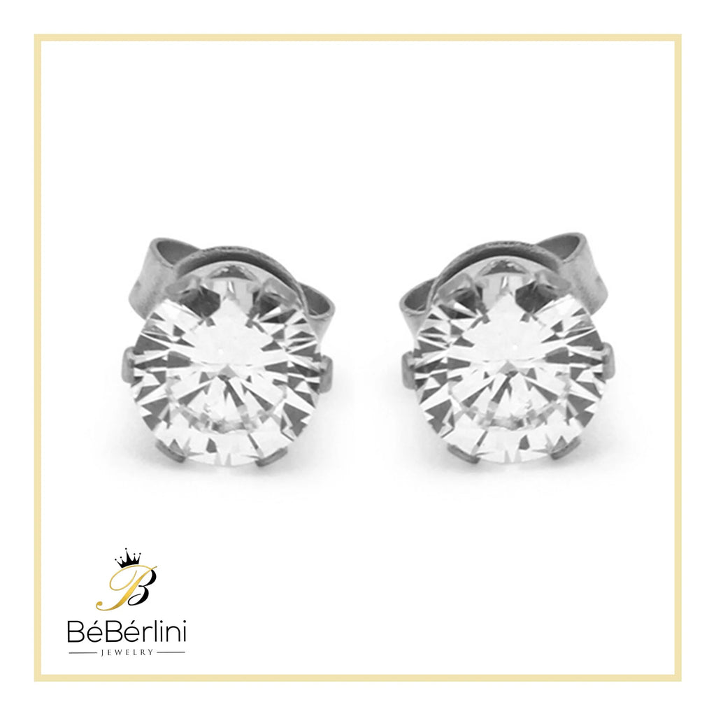Women Stud Earrings Cubic Zirconia Silver Stainless Steel Jewelry round 6 Mm