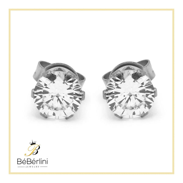Women Stud Earrings Cubic Zirconia Silver Stainless Steel Jewelry round 6 Mm