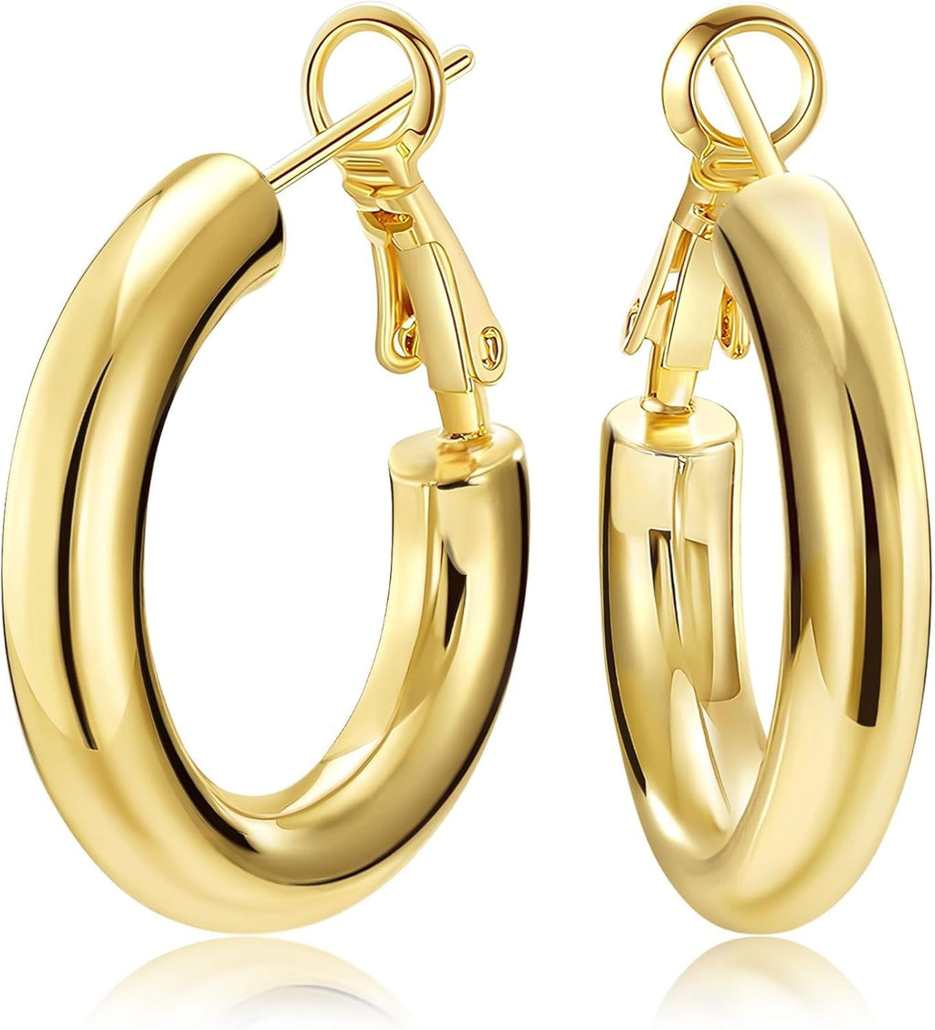 Chunky Gold Hoop Earrings - 14K Gold Plated Earrings for Women Hollow Tube Lightweight Thick Hoops 20/25/30/40Mm Valentines Graduation Mother'S Day Birthday Gifts - KARMARKA