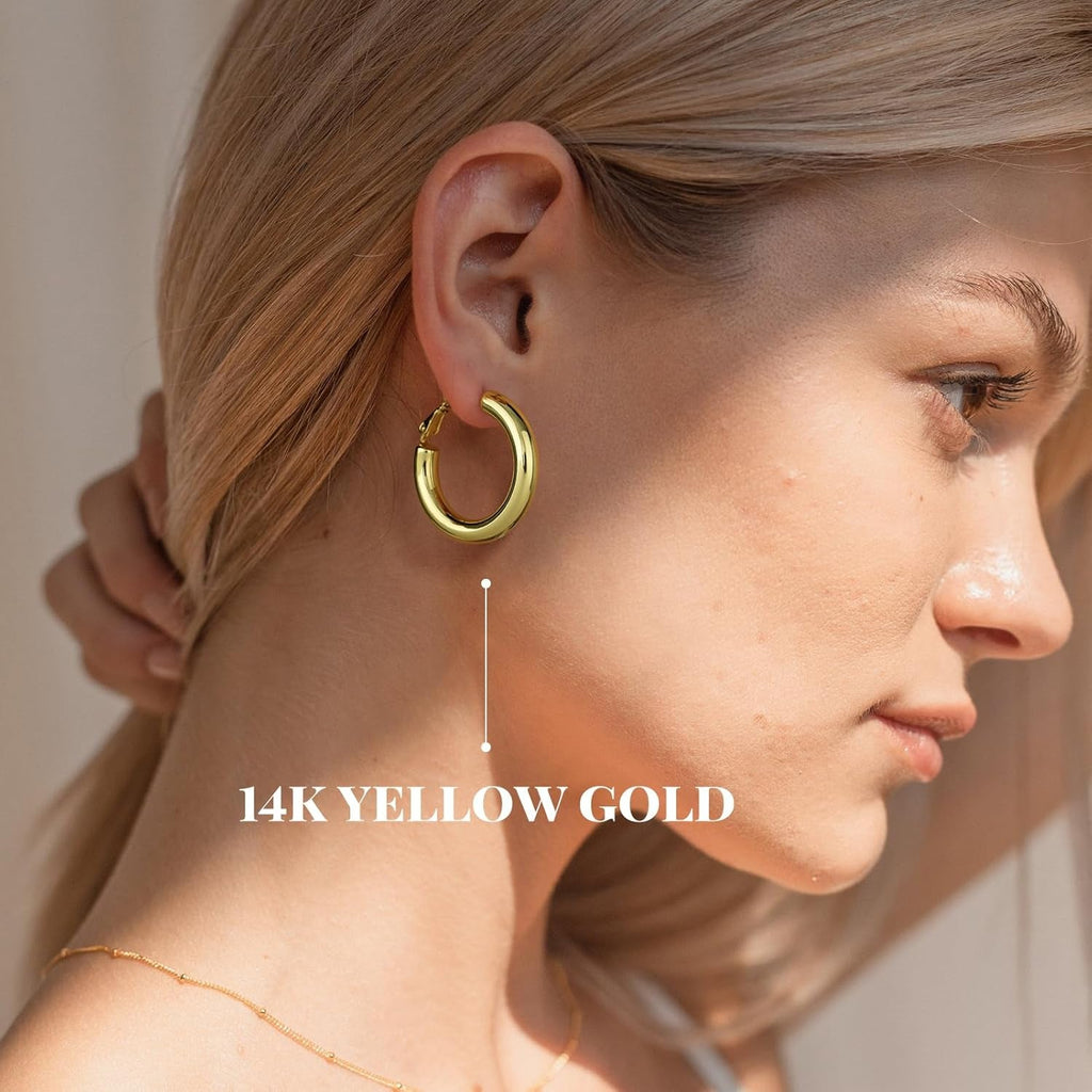 Chunky Gold Hoop Earrings - 14K Gold Plated Earrings for Women Hollow Tube Lightweight Thick Hoops 20/25/30/40Mm Valentines Graduation Mother'S Day Birthday Gifts - KARMARKA