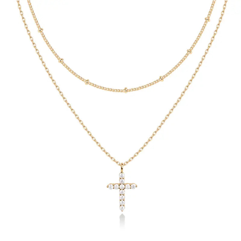 PAVOI 14K Gold Plated Layered Cross Pendant Necklace - Layering Necklaces for Women - Dainty Minimalist Design Pendant