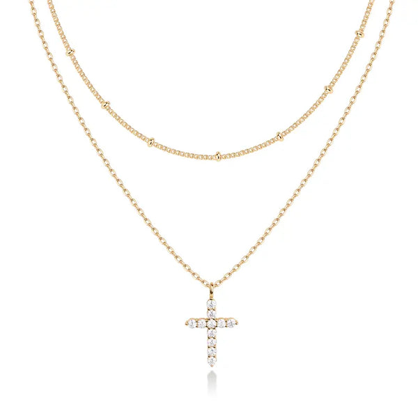 PAVOI 14K Gold Plated Layered Cross Pendant Necklace - Layering Necklaces for Women - Dainty Minimalist Design Pendant