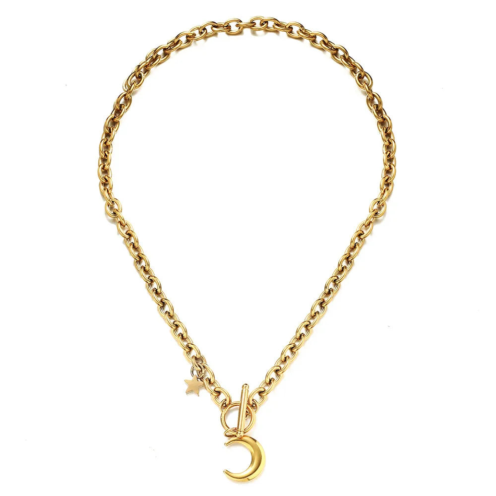 Stainless Steel Toggle Thick Chain with Star Moon Pendant Necklaces Women'S Fashion Jewelry Gift