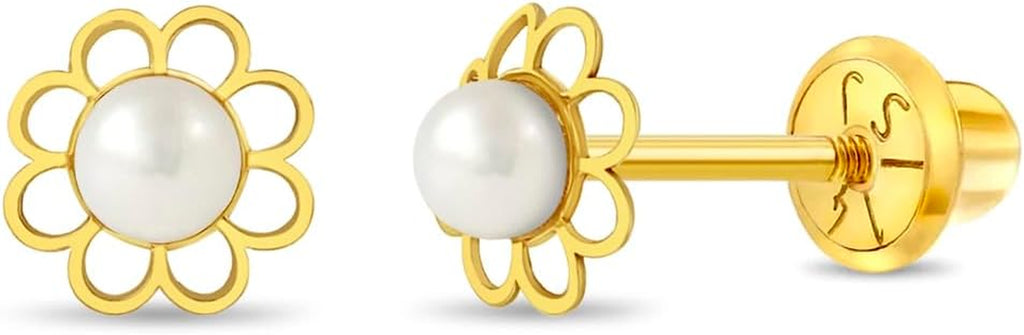 14K Yellow Gold Flower Cultured Pearl Kids Earrings