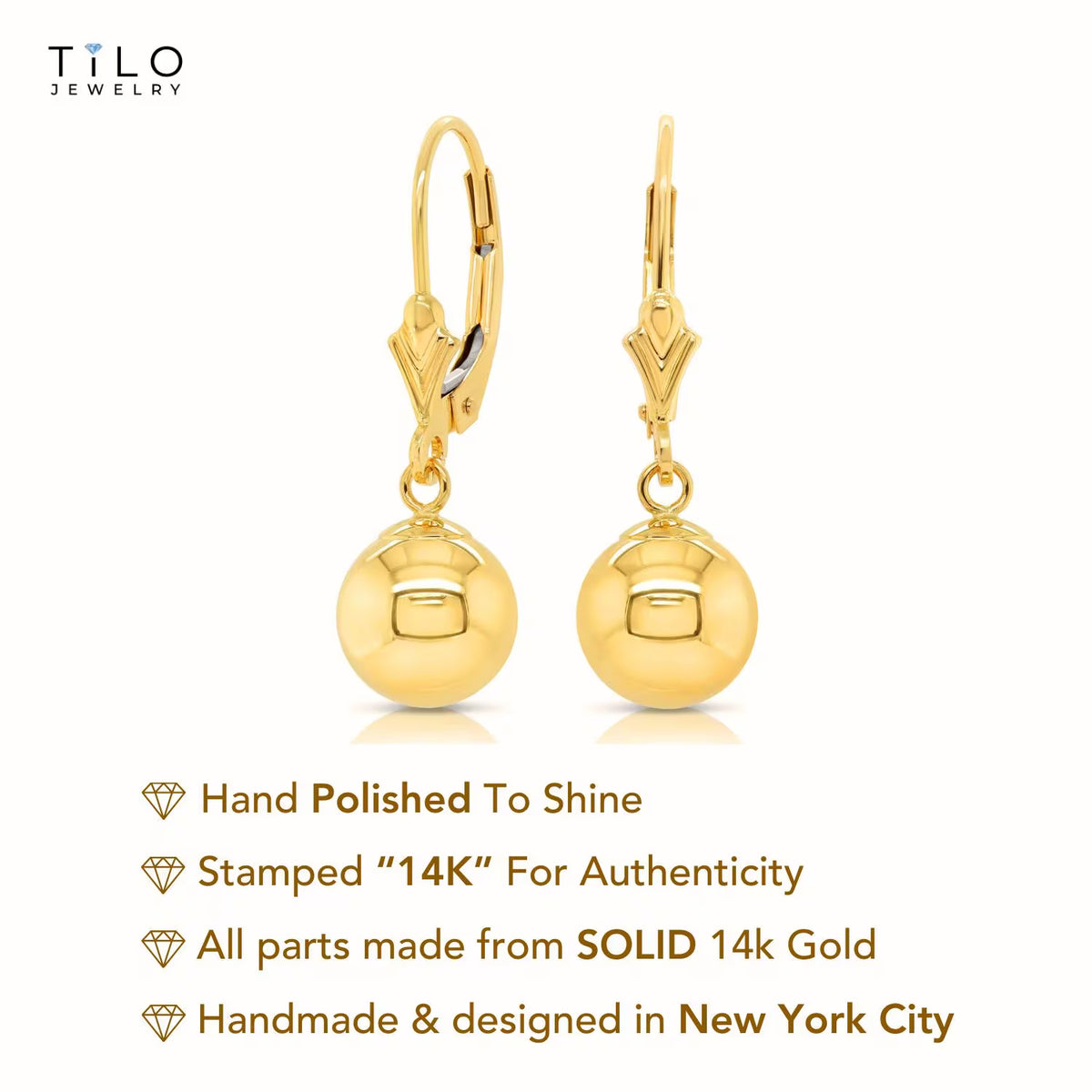 14K Gold Ball Drop Dangle Earrings with Lever-Backs, 14K Yellow Gold and 14K White Gold, Designed in New York City, by TILO Jewelry