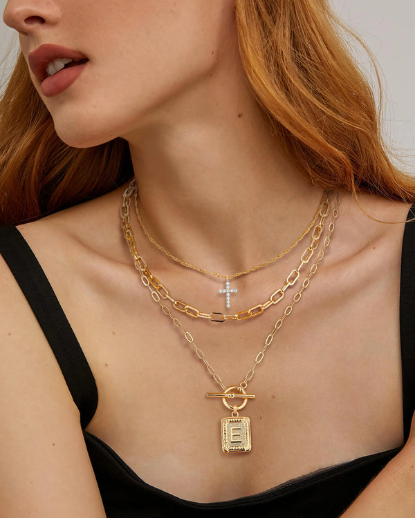 14K Gold Plated Layered Initial Necklaces for Women Trendy, Simple Cross Choker Square Letter Pendant Necklace, Paperclip Chain Necklaces Jewelry