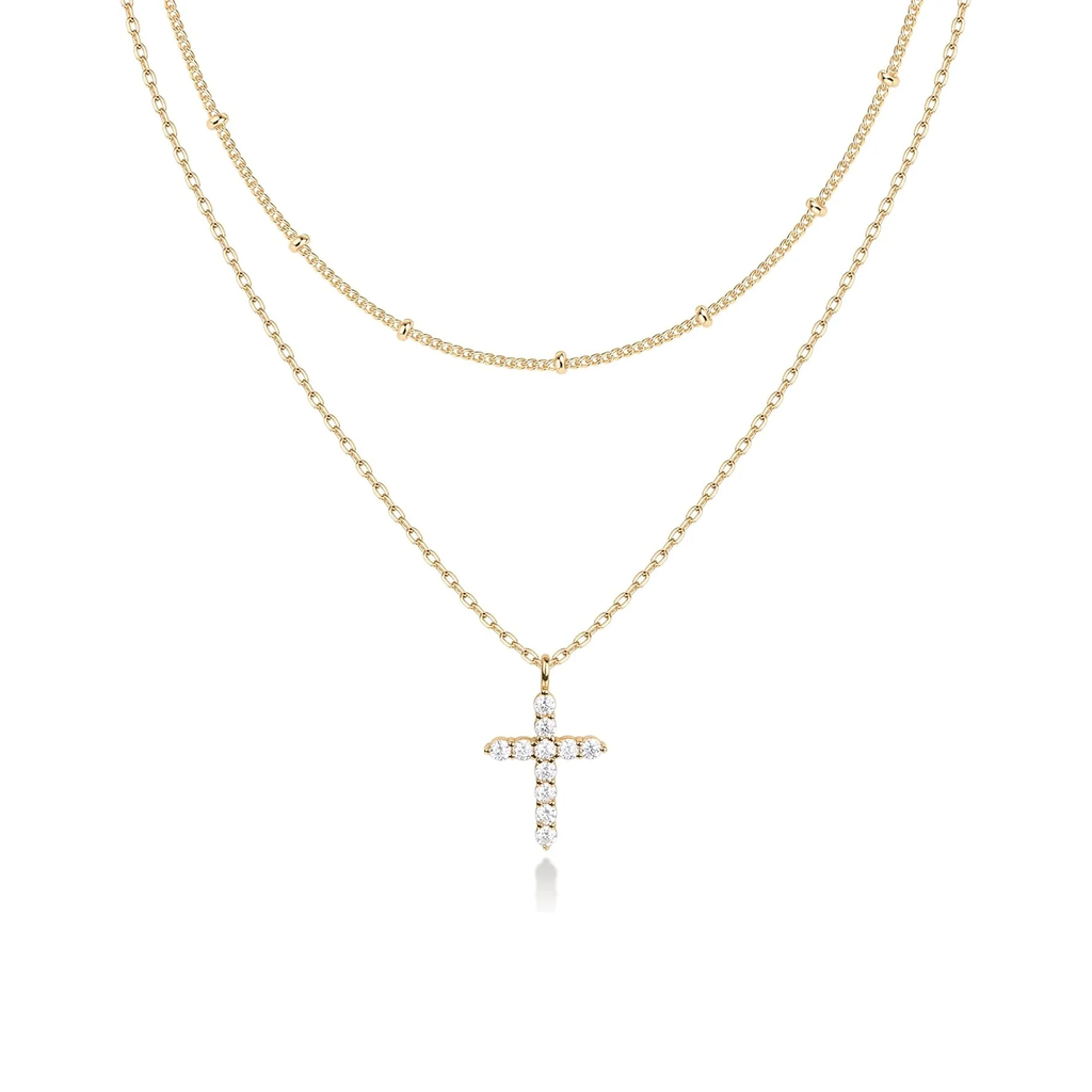 14K Gold-Plated Layered Necklace – Cubic Zirconia Pendant for Women
