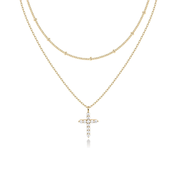 14K Gold-Plated Layered Necklace – Cubic Zirconia Pendant for Women