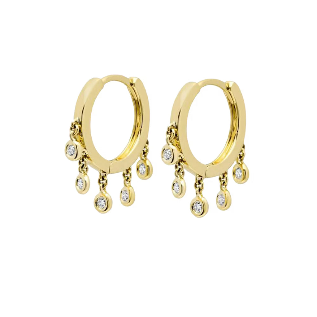 14K Yellow Gold Huggie Earrings, Natural Diamond Drop Hoops