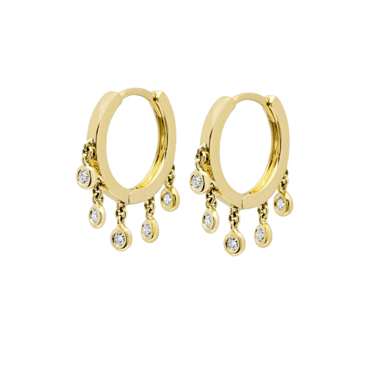 14K Yellow Gold Huggie Earrings, Natural Diamond Drop Hoops