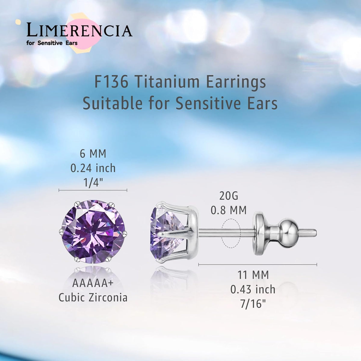 Implant Grade Titanium Stud Earrings 6MM Multicolor CZ for Women