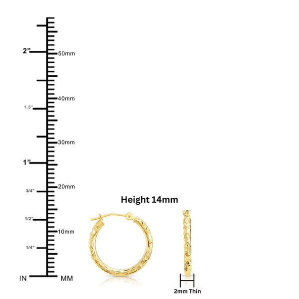 14K Yellow Gold Diamond-Cut Engraved round Hoop Earrings for Women & Unisex | X-Pattern Design | 14Mm - 0.55 Inch