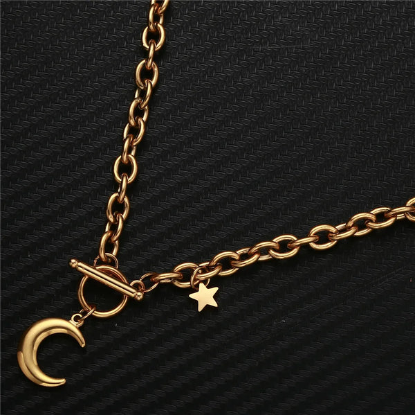 Stainless Steel Toggle Thick Chain with Star Moon Pendant Necklaces Women'S Fashion Jewelry Gift