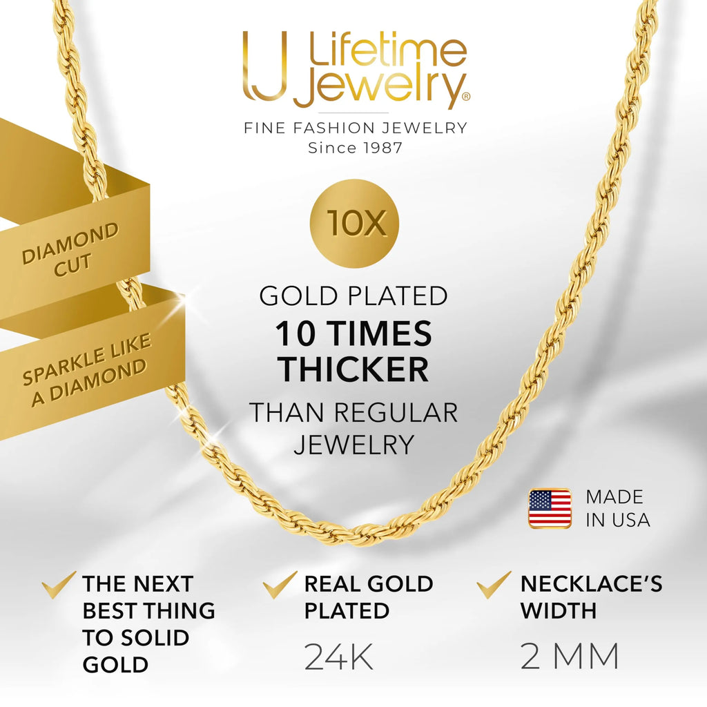 LIFETIME JEWELRY 2Mm Gold Rope Chain for Men & Women 24K Real Gold Plated Diamond Cut Gold Necklace for Women & Necklace for Men 14 to 36 Inch | Gold | White Gold (14 Inches, Gold)