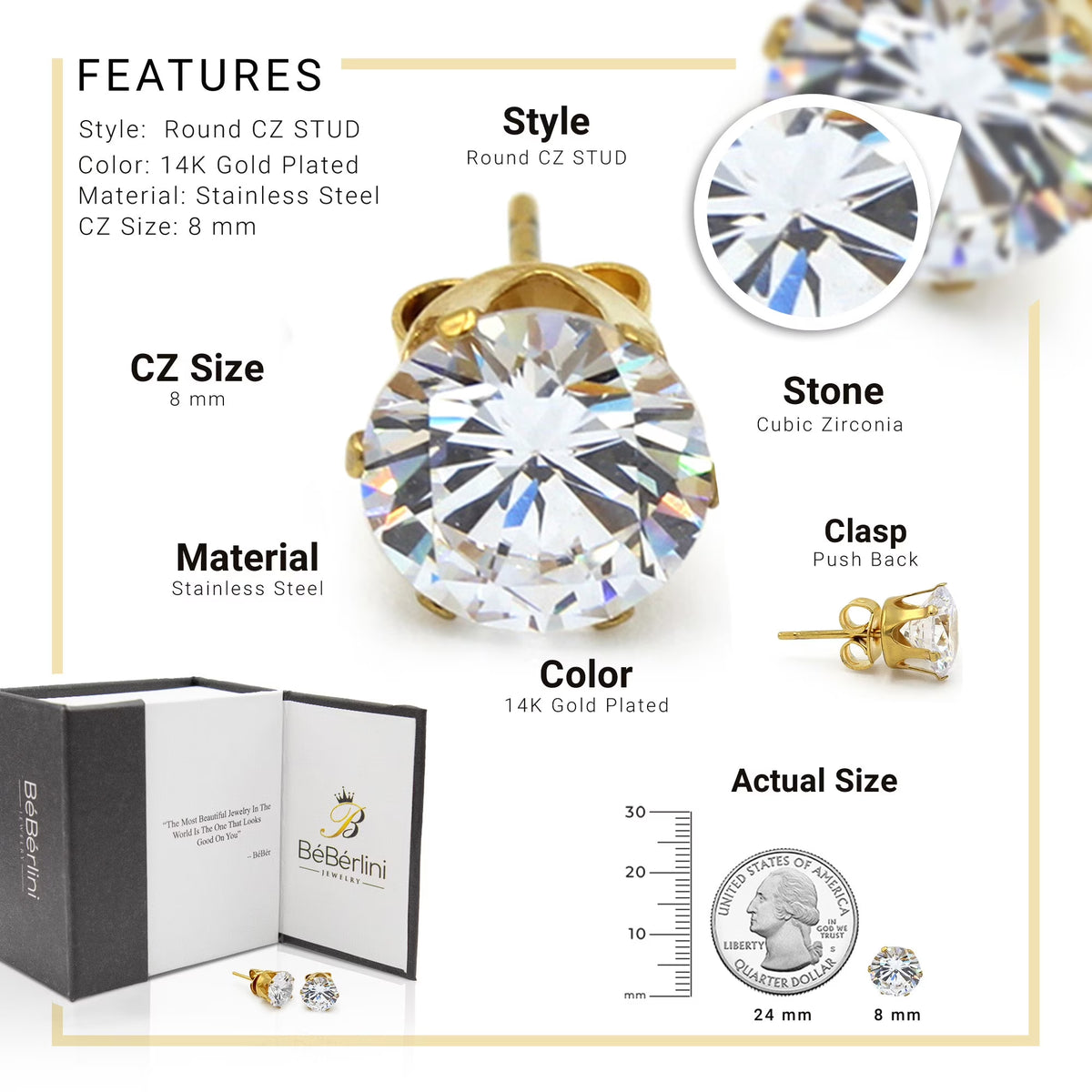 Men Stud Earrings CZ 14K Gold Plated Stainless Steel Jewelry round 8 Mm