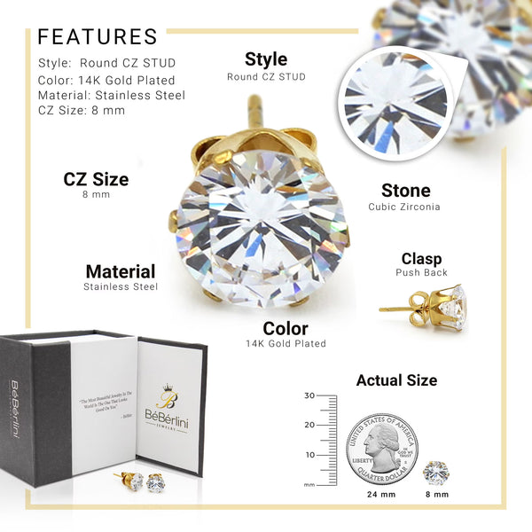 Men Stud Earrings CZ 14K Gold Plated Stainless Steel Jewelry round 8 Mm