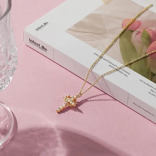 Tewiky 14K Gold Plated Crown Cross Zircon Pendant Necklace for Women-Dainty 14K Gold Cubic Zirconia Pendant Necklaces Simple Gold Cross Pendant Necklace for Easter Gifts