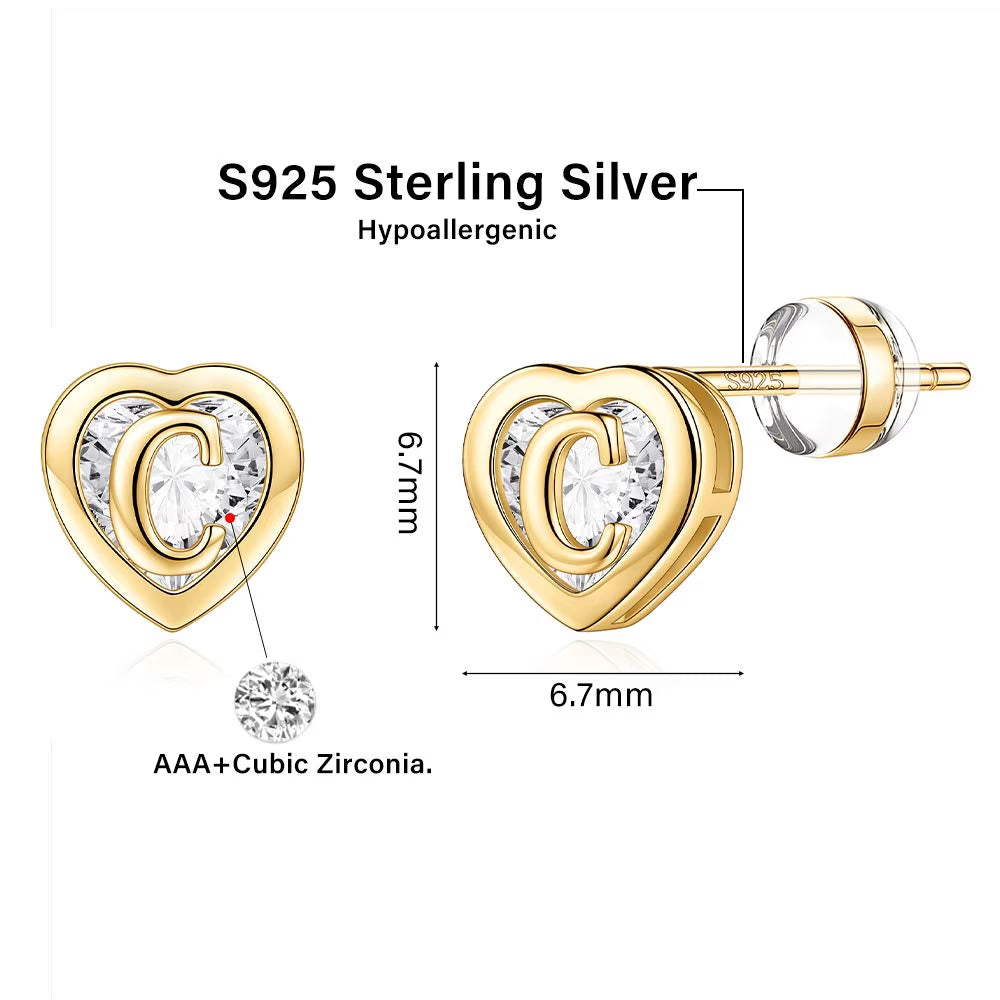 14K Gold Plated Initial Heart Stud Earrings for Teens Little Girls Daughter Granddaughter Niece Jewelry Birthday Gifts for Women