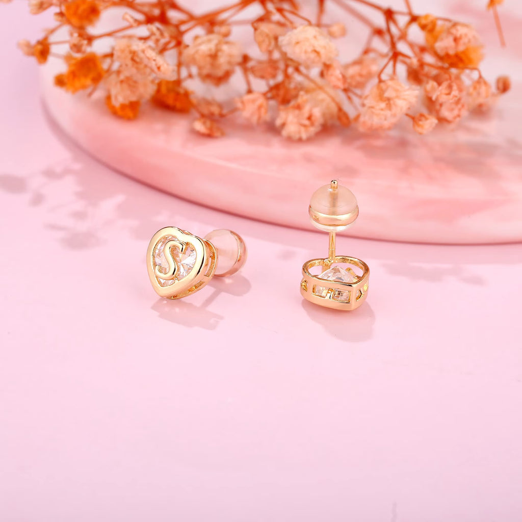 14K Gold Plated Initial Heart Stud Earrings for Teens Little Girls Daughter Granddaughter Niece Jewelry Birthday Gifts for Women