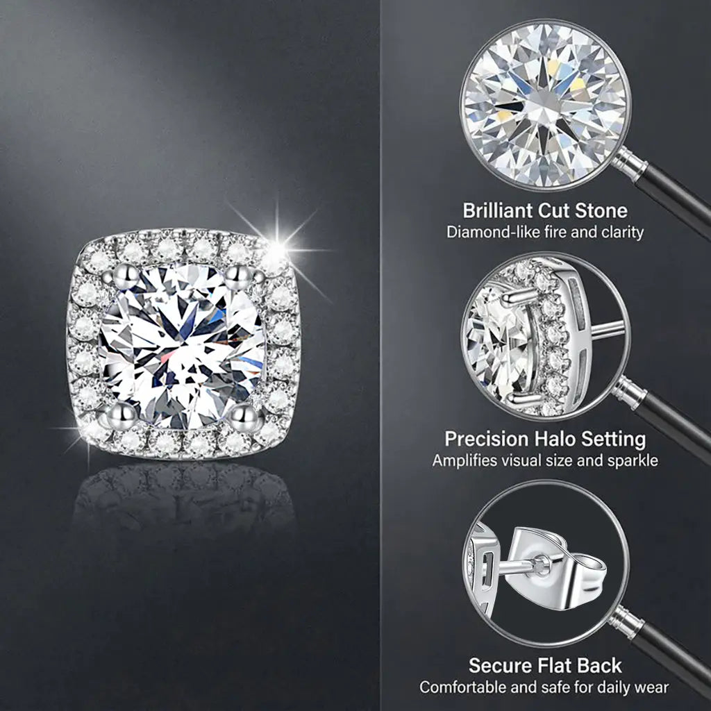 S925 Silver Shining Earrings (2 Pairs) - Unisex Elegant Geometric Jewelry, Hypoallergenic, Round/Square Designs with Moissanite & Zircon Inlays, Ideal for Party & Everyday Wear, Versatile Gift Accessory