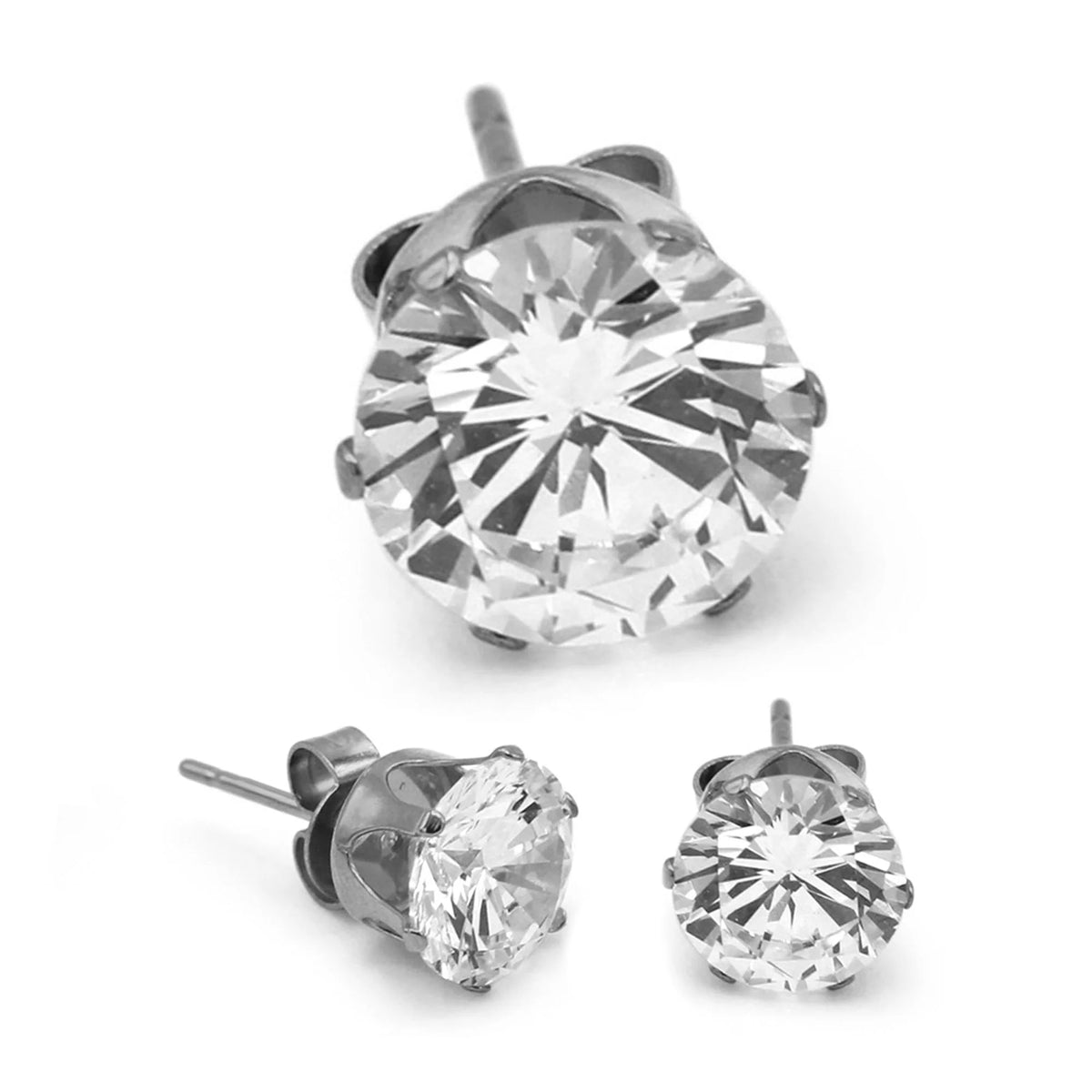 Women Stud Earrings Cubic Zirconia Silver Stainless Steel Jewelry round 8 Mm