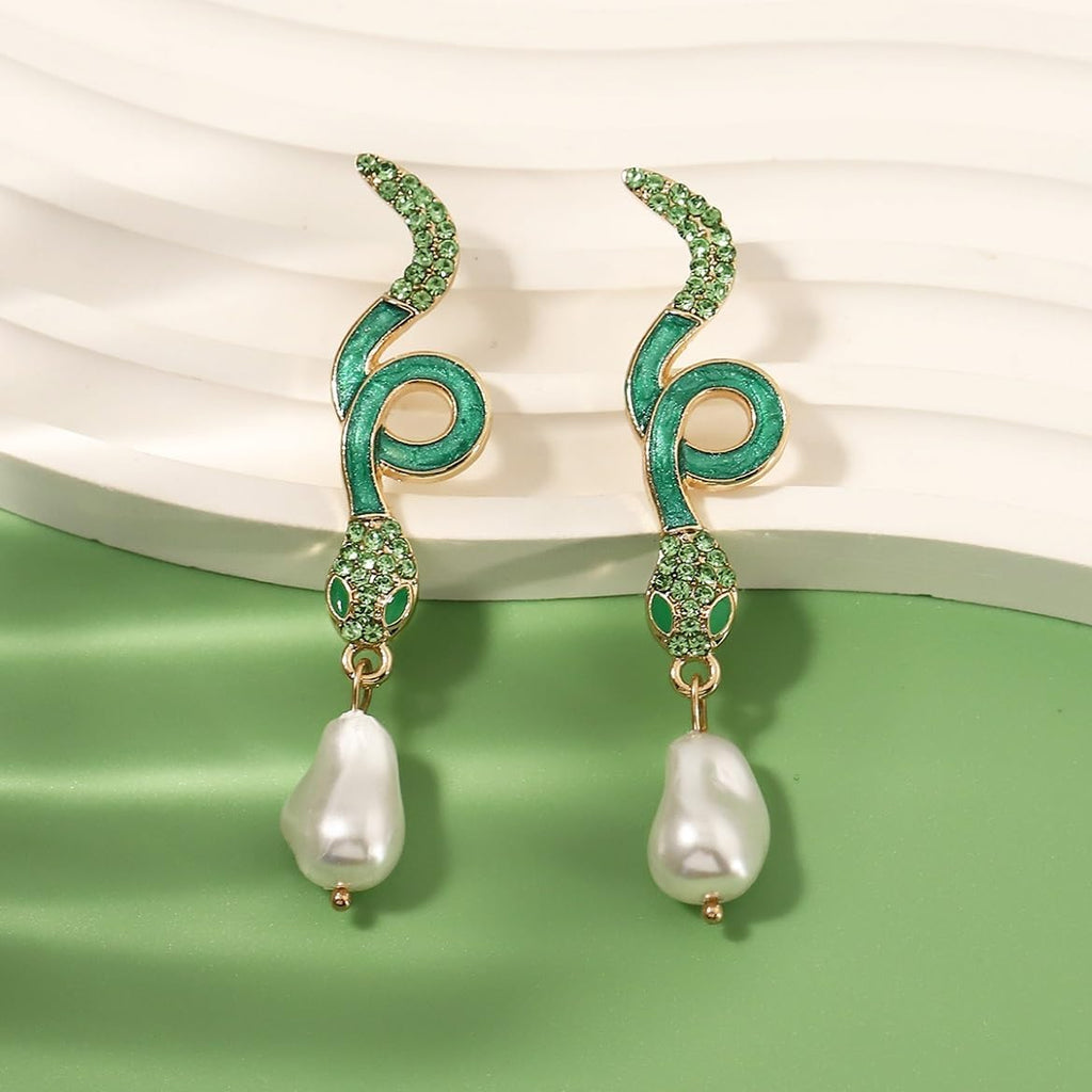 Baroque Pearl Snake Earrings, Serpent Dangle Earrings for Women, Bohemian Snake Animal Vacation Earrings, Cute Snake Statement Earrings Summer Boho Jewelry, Green Snake Drop Earrings for Ladies