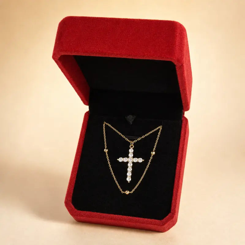 Women'S Minimalist 2-Piece Layered Cross Necklaces Set, 14K Gold Plated Stainless Steel Beaded Chain, Sparkling Cross Pendant, Costume Jewelry for Women, Necklaces for Women