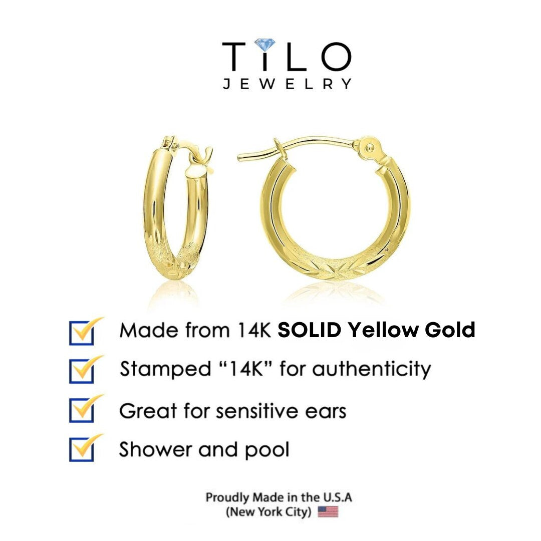 14K Solid Gold Hoops, Fancy Hand Engraved Hoop Earrings by TILO Jewelry, 2Mm Thin, Designed in New York City, by TILO Jewelry
