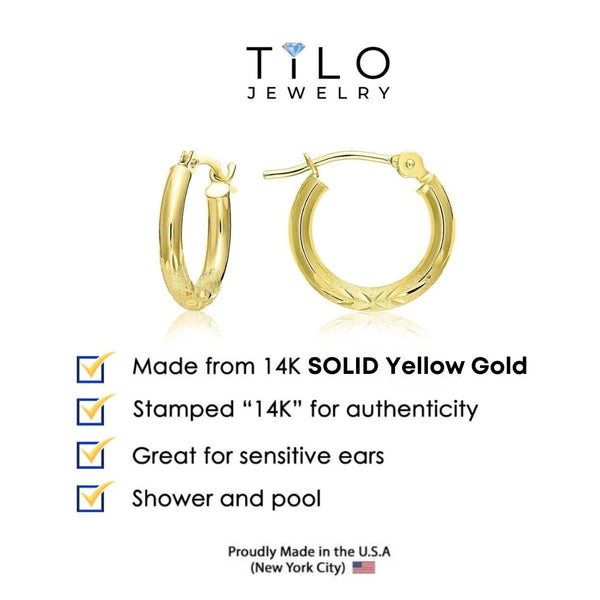 14K Solid Gold Hoops, Fancy Hand Engraved Hoop Earrings by TILO Jewelry, 2Mm Thin, Designed in New York City, by TILO Jewelry