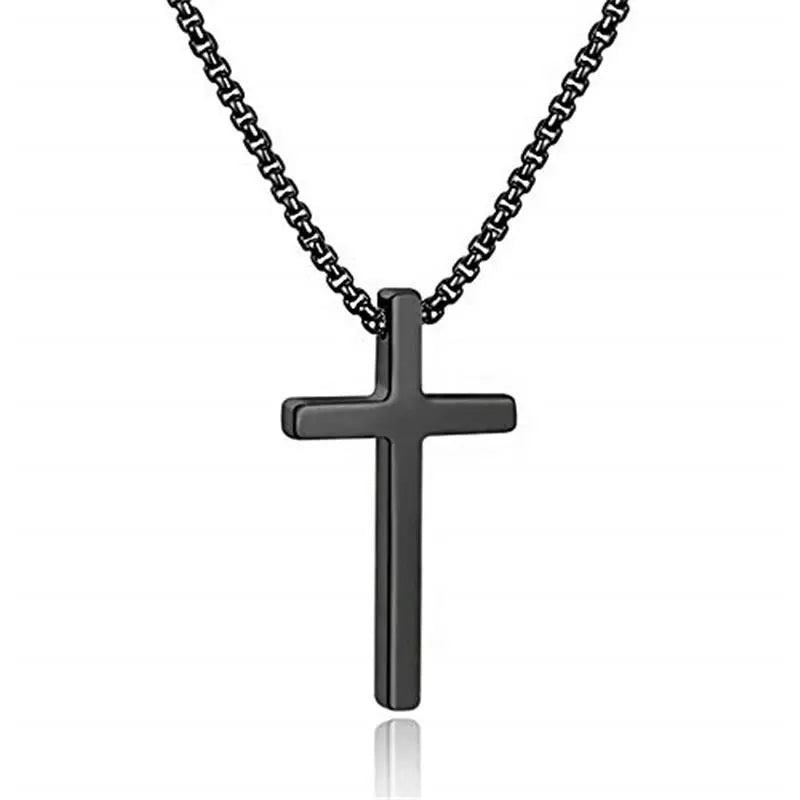 Men'S Stainless Steel Plain Cross Pendant Necklace in Black/Silver/Gold, Box Chain 18 Inches