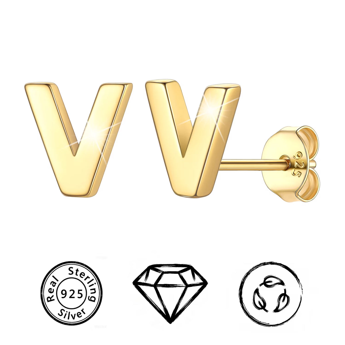 14K Gold Plated Initial Stud Earrings for Women Sensitive Ears 925 Sterling Silver Hypoallergenic Earrings Studs Letter A-Z