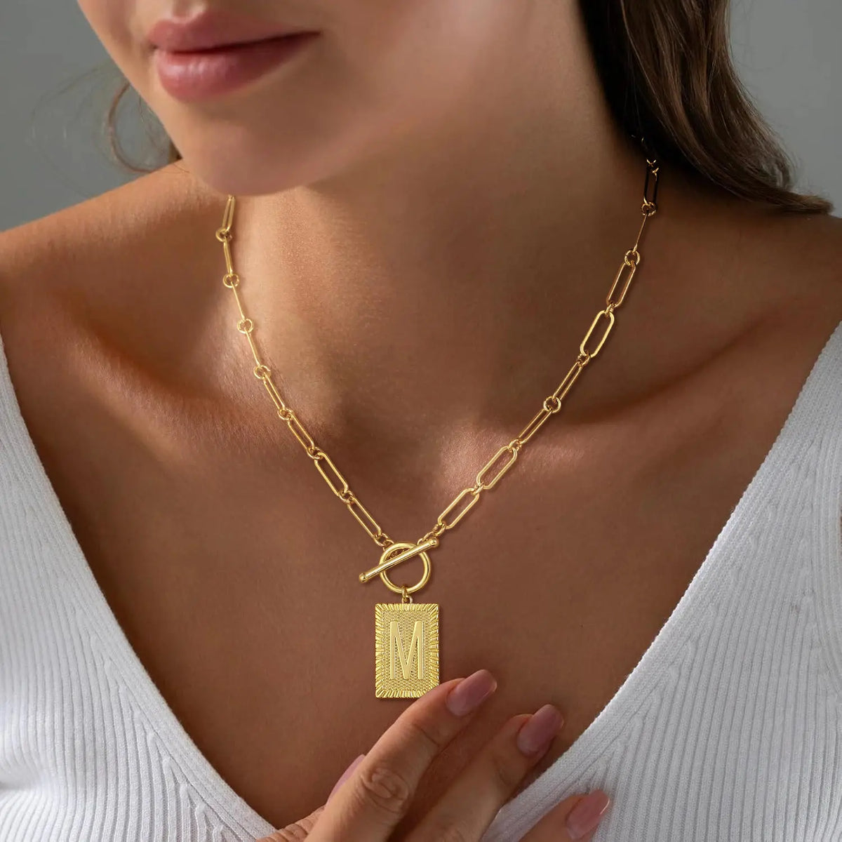 Tewiky 14K Gold Plated Neclace for Women Initial Necklaces for Women, Toggle Clasp Square Letter Pendant Necklace Trendy Dainty Paperclip Chain Necklaces Jewelry Gifts, Gift