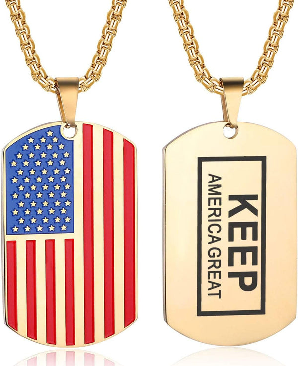 American USA Flag Dog Tag Pendant Necklace for Women Men 24" Chain