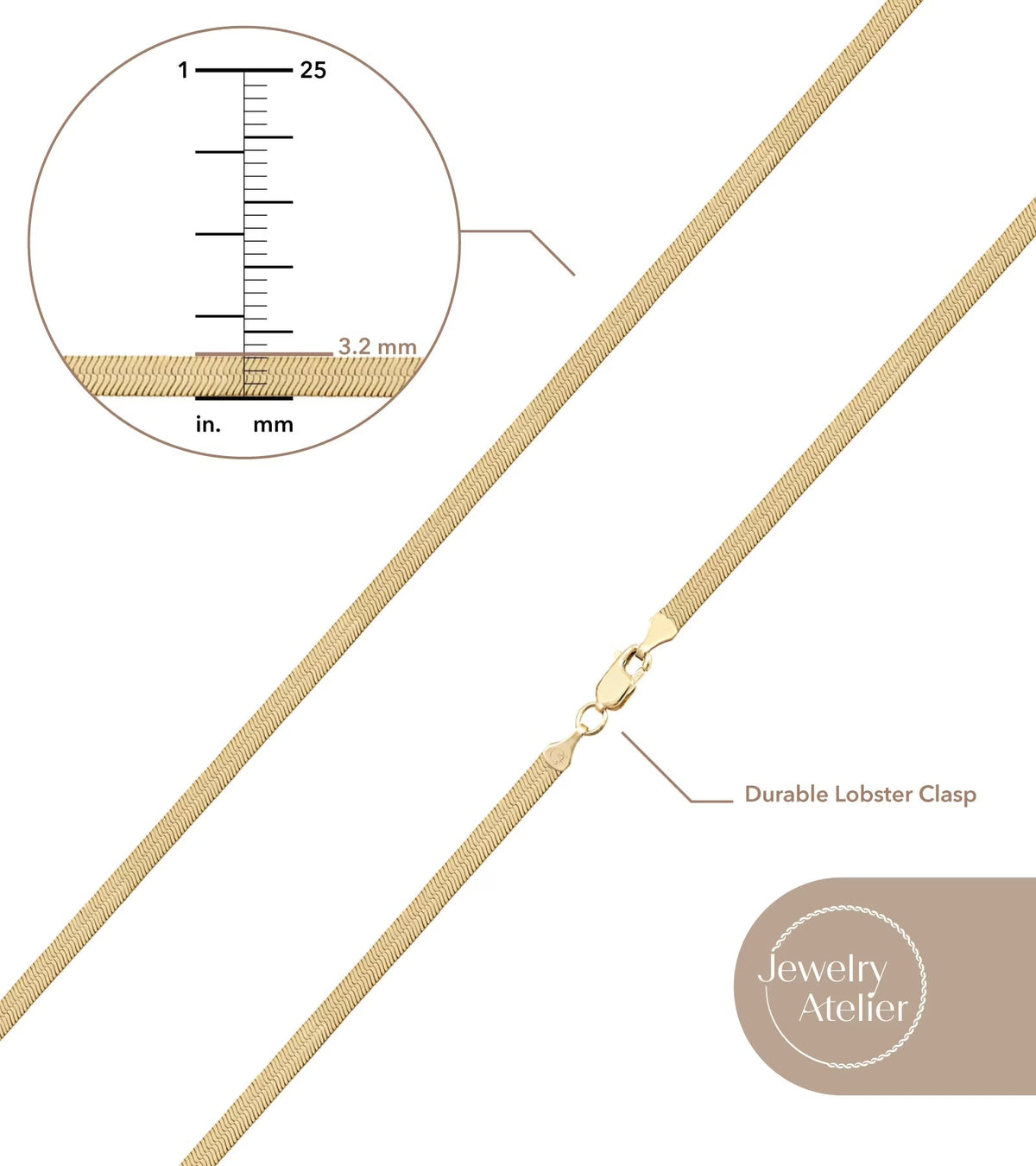 Gold Chain Necklace Collection - 14K Solid Yellow Gold Filled Herringbone/Snake Chain Necklaces for Women and Men with Different Sizes (3.2Mm or 4.0Mm) - KARMARKA