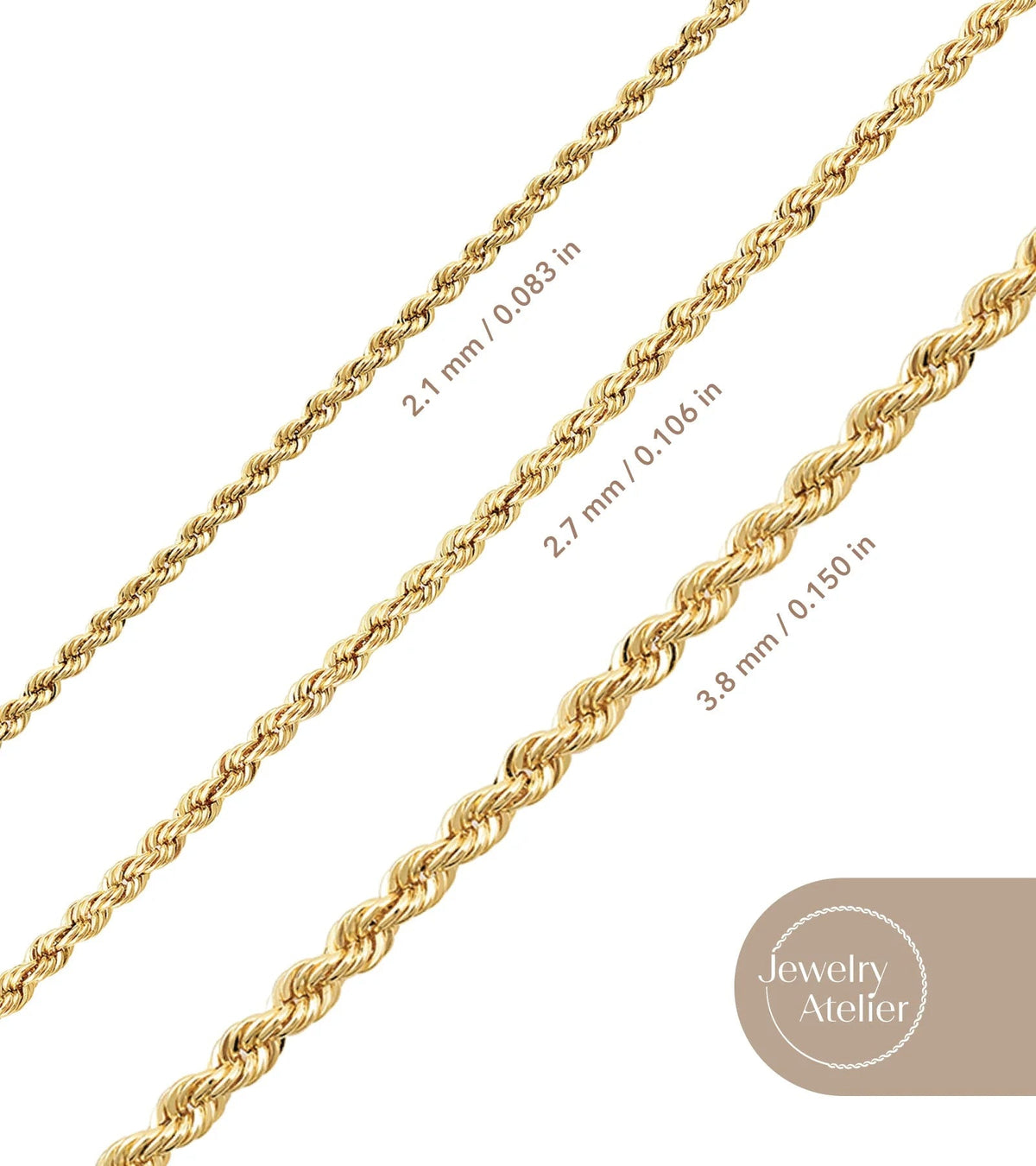 Gold Chain Necklace Collection - 14K Solid Yellow Gold Filled Rope Chain Necklaces for Women and Men with Different Sizes (2.1Mm, 2.7Mm, or 3.8Mm) - KARMARKA