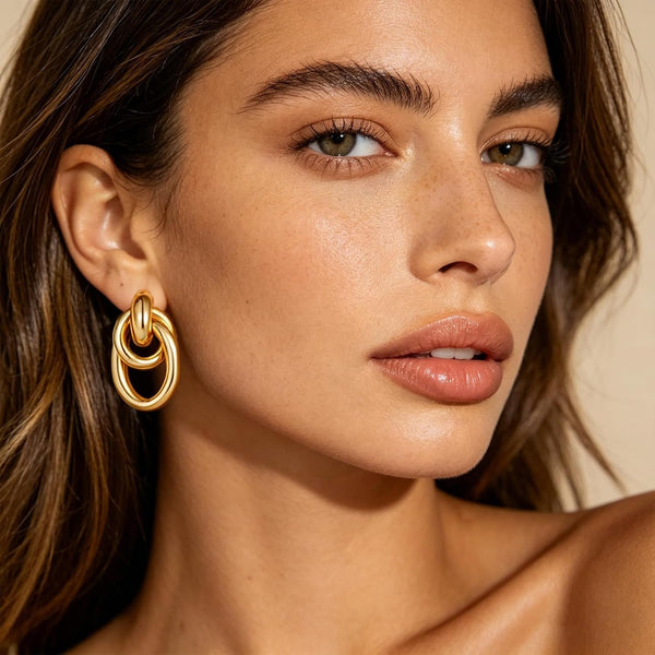 Gold Chunky Earrings for Women Geometric Knot Link Drop Dangle Earrings 14K Gold Plated Statement Earrings Trendy Gold Jewelry - KARMARKA