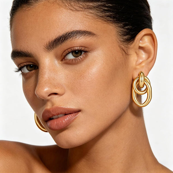 Gold Chunky Earrings for Women Geometric Knot Link Drop Dangle Earrings 14K Gold Plated Statement Earrings Trendy Gold Jewelry - KARMARKA