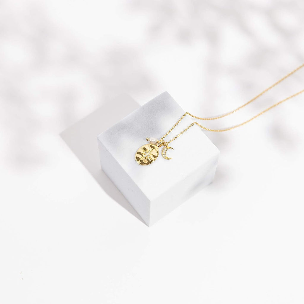 Gold Compass Moon & Pearl Pendant Necklace for Women – Celestial CZ Statement Jewelry - KARMARKA